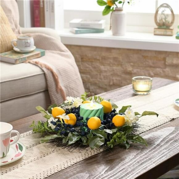 Lemon Wreath with Lights 16in Spring Summer Front Door Decor with Greenery - Picture 3 of 7